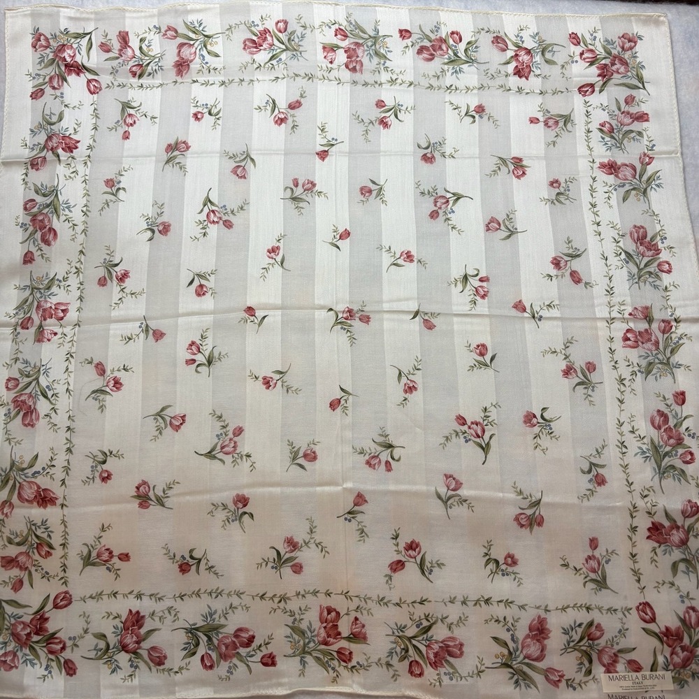 Vtg MARIELLA BURANI Scarf Handkerchief Tulip Floral Cotton Cream Pink 22.5"